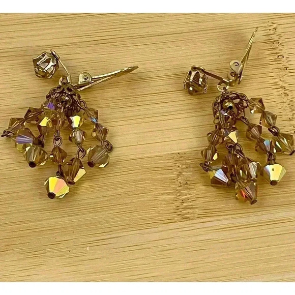 VTG Crystal Chandelier Clip On Earring Brown Iridescent Beaded Dangle 2" Long - Picture 15 of 16